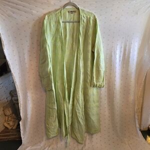 Flax Light Green Plaid Women's Duster Cardigan Size L 100% Linen